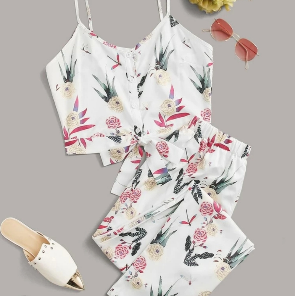 Floral Print Front Tie Cami + Pants